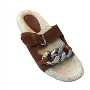 Marc Fisher Fresno Leather Upper Faux Fur/Leather Sock Lining Slide Sandal 9.5M